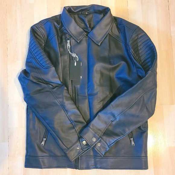 NWT Men's Black Faux Leather Motorcycle Style Jacket - Picture 1 of 9